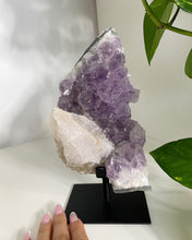 Load image into Gallery viewer, BEAUTIFUL AMETHYST WITH SUGAR CALCITE SPECIMEN ON METAL STAND | 1385 GRAMS | PLEASE SEE MEASUREMENT IN DESCRIPTION
