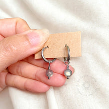 Load image into Gallery viewer, Labradorite Huggie Hoop Earrings: Stainless Steel Crystal Jewelry