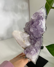 Load image into Gallery viewer, BEAUTIFUL AMETHYST WITH SUGAR CALCITE SPECIMEN ON  METAL STAND | 1385 GRAMS | PLEASE SEE MEASUREMENT IN DESCRIPTION
