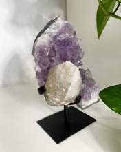 Load image into Gallery viewer, BEAUTIFUL AMETHYST WITH SUGAR CALCITE SPECIMEN ON  METAL STAND | 1385 GRAMS | PLEASE SEE MEASUREMENT IN DESCRIPTION
