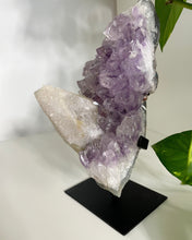 Load image into Gallery viewer, BEAUTIFUL AMETHYST WITH SUGAR CALCITE SPECIMEN ON  METAL STAND | 1385 GRAMS | PLEASE SEE MEASUREMENT IN DESCRIPTION
