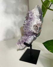 Load image into Gallery viewer, BEAUTIFUL AMETHYST WITH SUGAR CALCITE SPECIMEN ON  METAL STAND | 1385 GRAMS | PLEASE SEE MEASUREMENT IN DESCRIPTION
