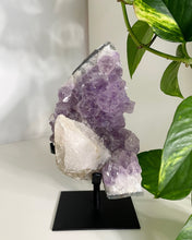 Load image into Gallery viewer, BEAUTIFUL AMETHYST WITH SUGAR CALCITE SPECIMEN ON  METAL STAND | 1385 GRAMS | PLEASE SEE MEASUREMENT IN DESCRIPTION
