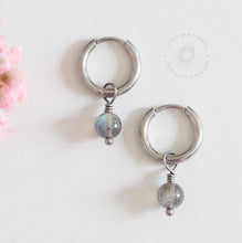 Load image into Gallery viewer, Labradorite Huggie Hoop Earrings: Stainless Steel Crystal Jewelry
