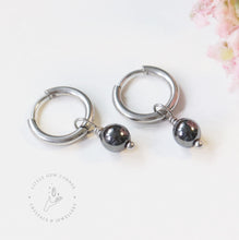 Load image into Gallery viewer, Hematite Earrings | Stainless Steel Huggie Hoops | Gift For Aries, Aquarius

