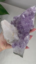 Load and play video in Gallery viewer, BEAUTIFUL AMETHYST WITH SUGAR CALCITE SPECIMEN ON  METAL STAND | 1385 GRAMS | PLEASE SEE MEASUREMENT IN DESCRIPTION
