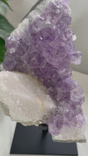 Load and play video in Gallery viewer, BEAUTIFUL AMETHYST WITH SUGAR CALCITE SPECIMEN ON  METAL STAND | 1385 GRAMS | PLEASE SEE MEASUREMENT IN DESCRIPTION
